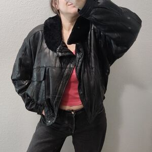 Zerimar Patchwork Black Leather Jacket Fur Collar Sz50 Quilted Lining